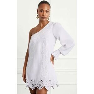 Hill House The Mila Dress - White One Shoulder Linen Cotton Eyelet Mini Dress
